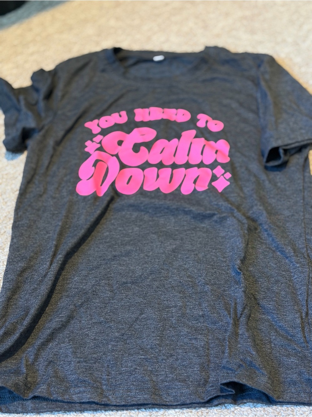 Amazon Charcoal Gray T‑Shirt with Hot Pink "Calm Down" Graphic